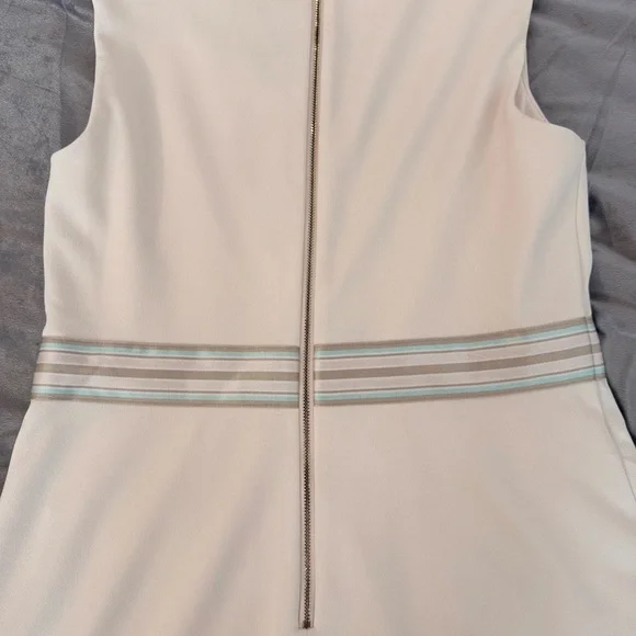 Calvin Klein Cream Fit & Flare V Neck Midi Dress with Striped Accents - Size 10 - Picture 6 of 9